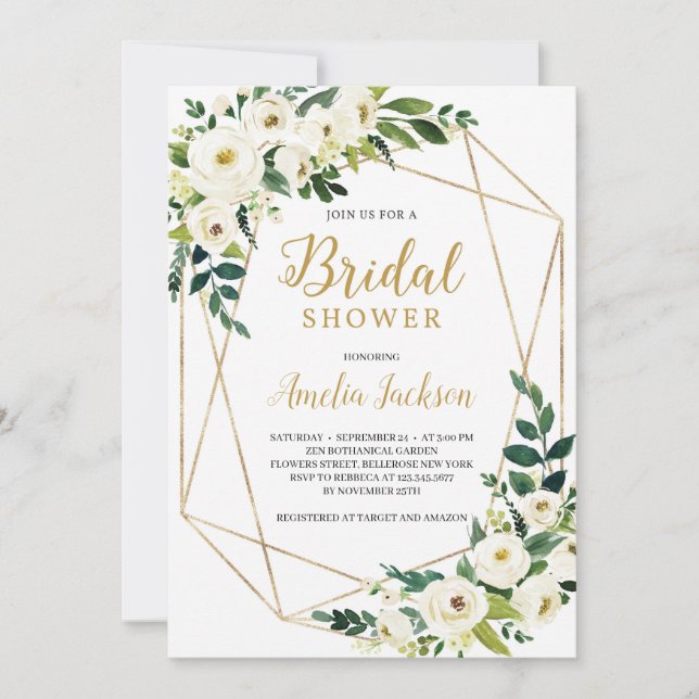 Greenery and white floral rustic bridal shower invitation (Front)