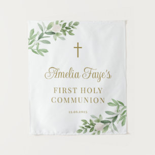 Greenery and White Flower First Communion Backdrop Tapestry