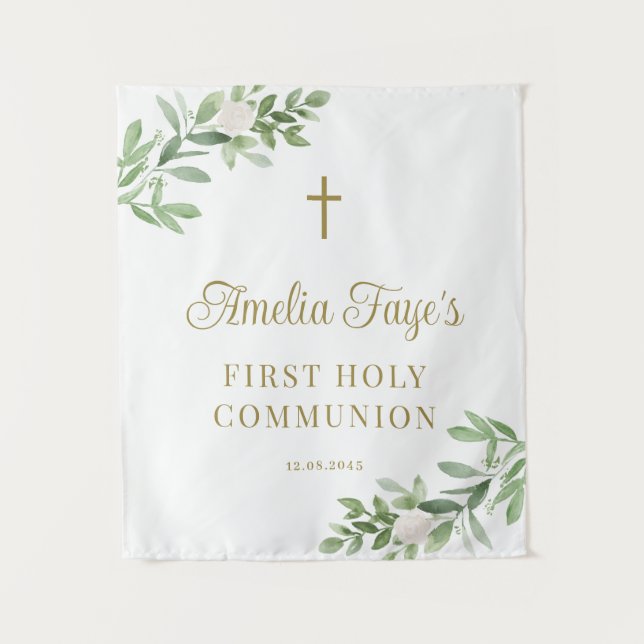 Greenery and White Flower First Communion Backdrop Tapestry (Front)