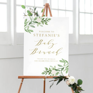 Greenery and White Flowers Baby Brunch Welcome Poster