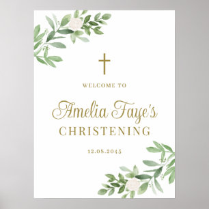 Greenery and White Flowers Christening Welcome Poster