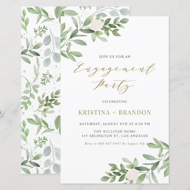 Greenery and White Flowers Engagement Invitation (Front/Back)