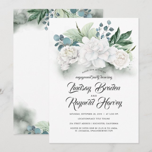 Greenery and White Flowers Engagement Party Invitation (Front/Back)