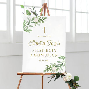 Greenery and White Flowers First Communion Welcome Poster