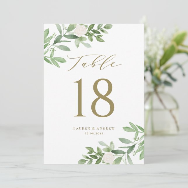 Greenery and White Flowers Gold Table Numbers (Standing Front)