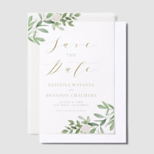 Greenery and White Flowers Gray Save the Date Vellum Invitations