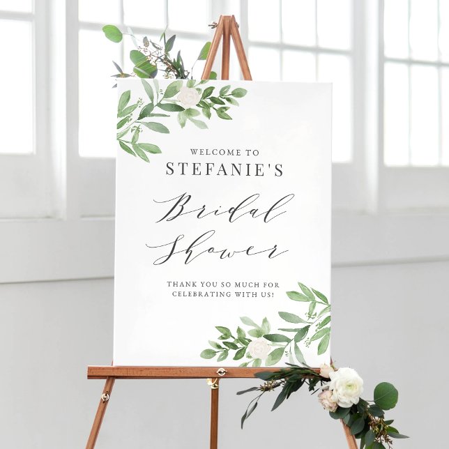Greenery and White Flowers Grey Bridal Shower Poster (Creator Uploaded)