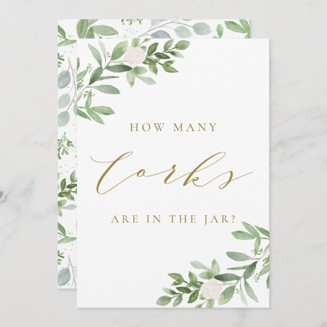 Greenery and White Flowers How Many Corks Sign Invitation (Front/Back)