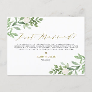 Greenery and White Flowers Just Married Wedding Announcement Postcard