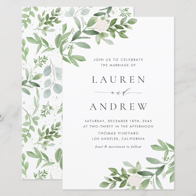 Greenery and White Flowers Wedding Invitation (Front/Back)
