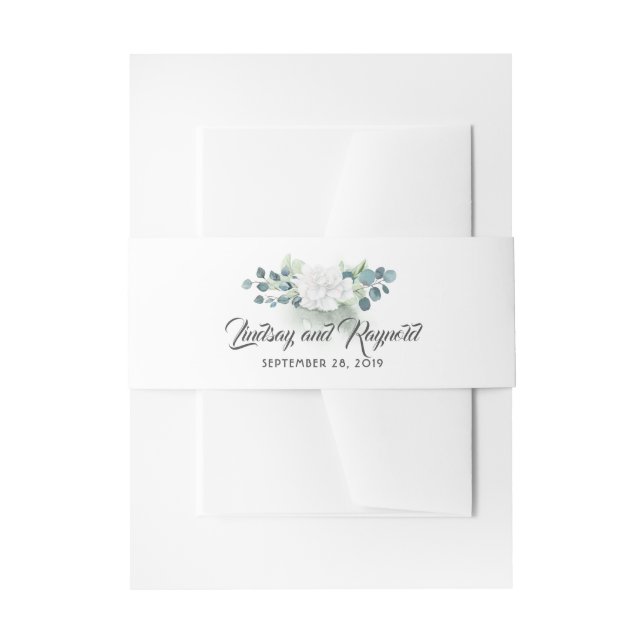 Greenery and White Flowers Wedding Invitation Belly Band (Front Example)