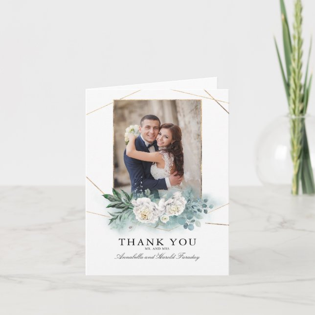 Greenery and White Flowers Wedding Thank You Photo (Front)