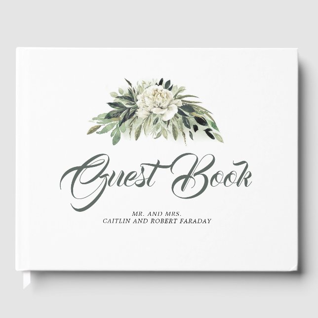 Greenery and White Peony Botanical Wedding Guest Book (Front)