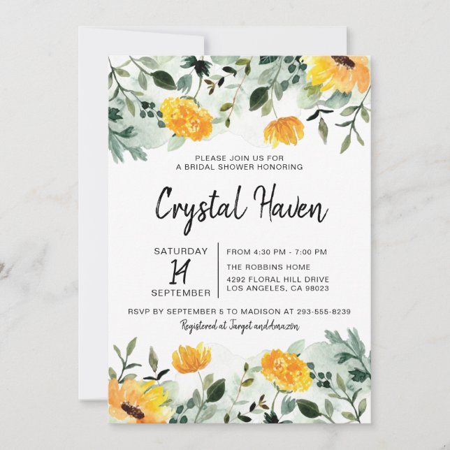 Greenery and Yellow Fall Floral Bridal Shower Invitation (Front)