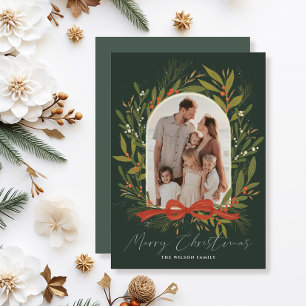 Greenery Arch Bow 2 Photo Christmas Holiday Card