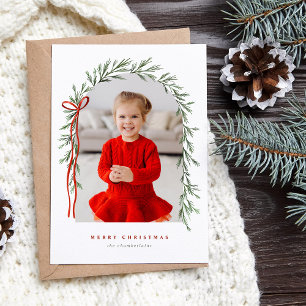 Greenery Arch & Bow Elegant Script Photo Christmas Holiday Card