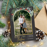 Greenery Arch Merry Christmas Photo Dark Grey Foil Holiday Card<br><div class="desc">This design features watercolor holly and eucalyptus around an arched picture with a gold foil frame.</div>