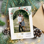 Greenery Arch Merry Christmas Photo White Foil Holiday Card<br><div class="desc">This design features watercolor holly and eucalyptus around an arched picture with a gold foil frame.</div>