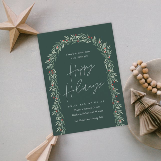 Greenery Arch Modern Script Business Holiday Card (Creator Uploaded)