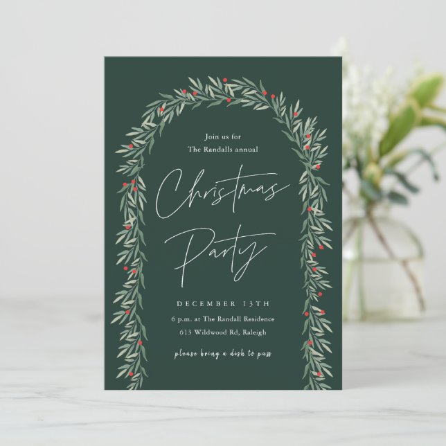 Greenery Arch Modern Script Christmas Party Invitation (Standing Front)