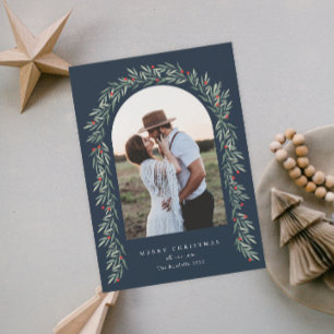 Greenery Arch Modern Script Photo Christmas Holiday Card