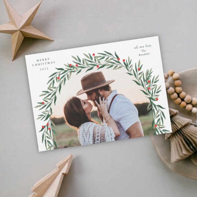 Greenery Arch Modern Script Photo Christmas Holiday Card (Creator Uploaded)