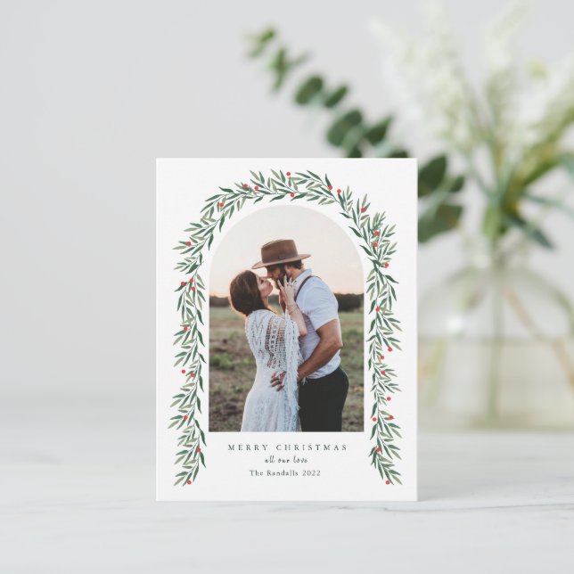 Greenery Arch Modern Script Photo Christmas Holiday Postcard (Standing Front)