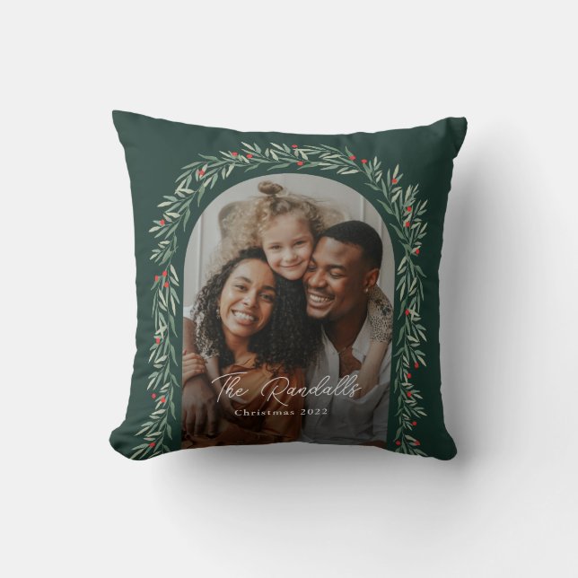 Greenery Arch Modern Script Photo Christmas Throw Pillow (Front)
