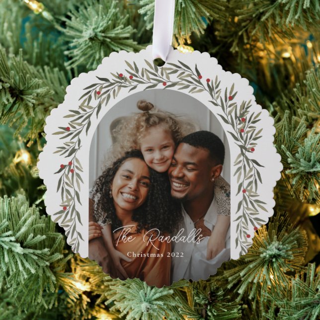 Greenery Arch Script Photo Christmas Holiday Ornament Card (Insitu (Tree))