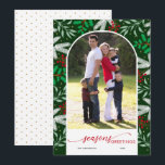 Greenery Arched Photo Green Season's Greetings Holiday Card<br><div class="desc">This flat greeting card features a modern vertical arched photo frame accented with a border of winter greenery. The design offers elegant script text and a dark green background. Photography © Storytree Studios,  Stanford,  CA</div>