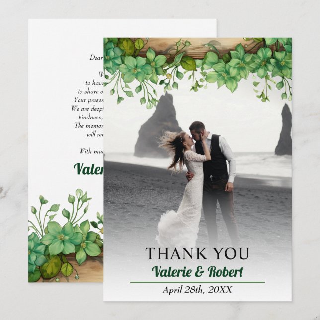 Greenery arrangement and photo spring wedding thank you card (Front/Back)
