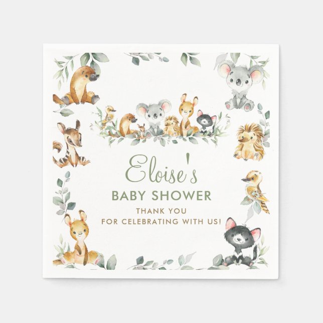 Greenery Australian Animals Baby Shower Thank You  Napkin (Front)