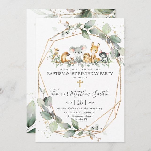 Greenery Australian Animals Baptism & 1st Birthday Invitation (Front/Back)