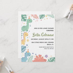 Greenery baby dinosaur baby shower invitations