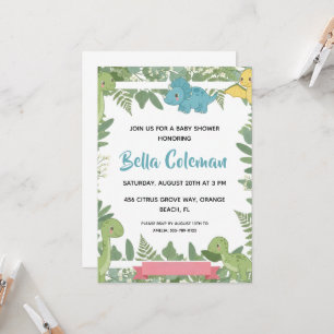 Greenery baby dinosaur baby shower invitations