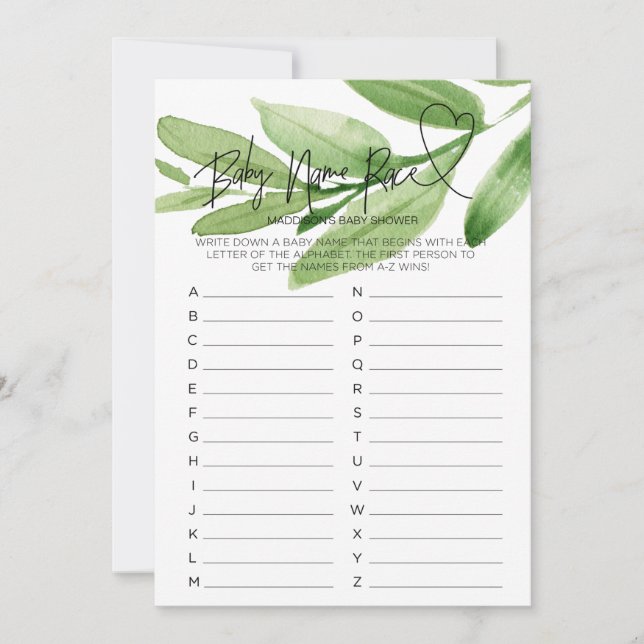 Greenery Baby Shower Game Baby Name Race Card (Front)