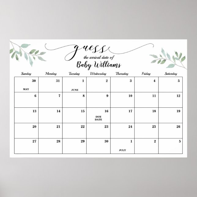 Greenery Baby Shower Guess Due Date Calendar Poste Poster (Front)