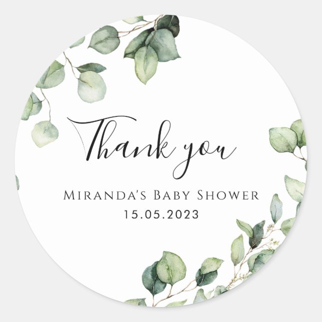 Greenery baby shower thank you round stickers (Front)