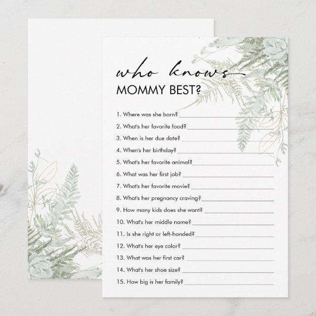 Greenery Baby Shower Who Knows Mommy Best Card (Front/Back)