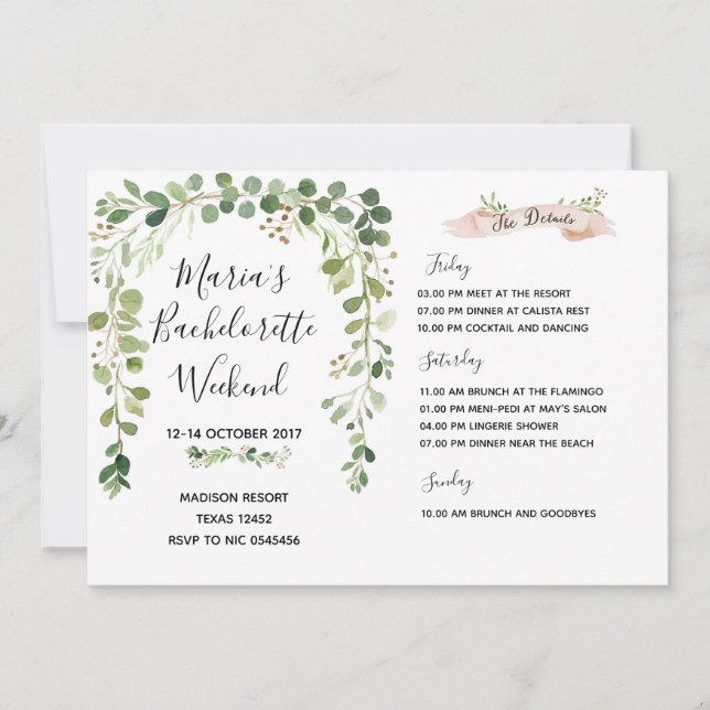 Greenery Bachelorette Weekend Itinerary Invitation (Front)