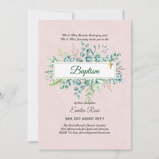 Greenery Baptism Bautizo Bautismo Christening Invi Invitation (Front)