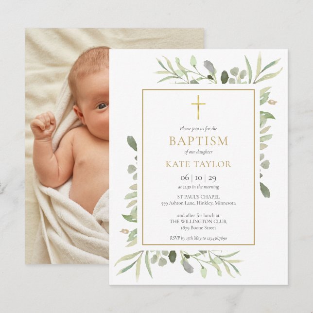 Greenery Baptism Christening Photo Invitation Postcard (Front/Back)