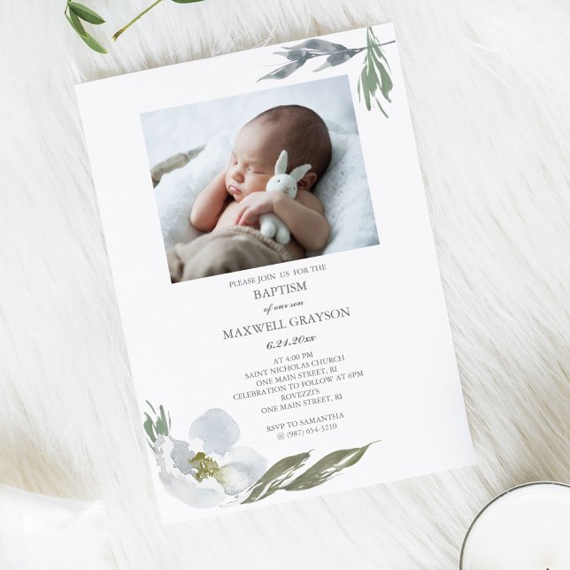 Greenery Baptism Invite Boy Photo (Creator Uploaded)