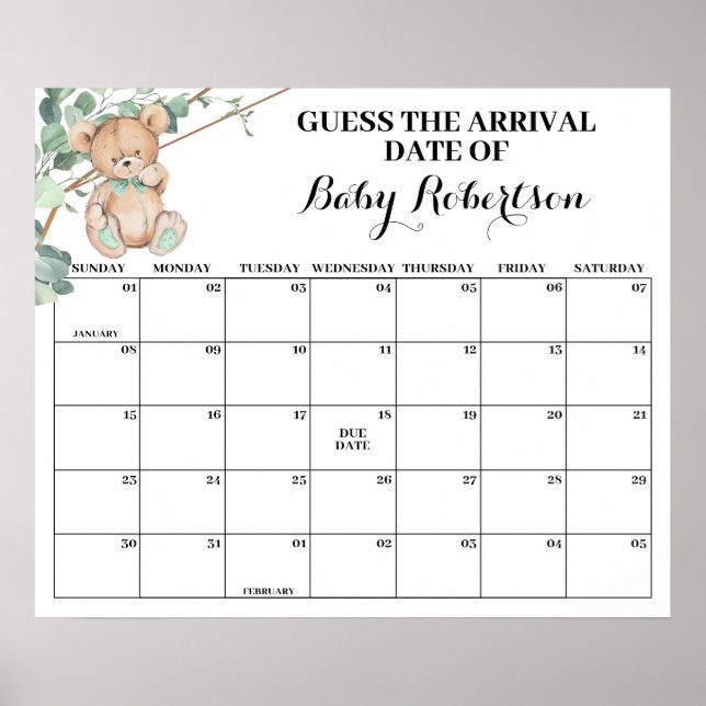 Greenery Bear Baby Shower Guess Due Date  Poster (Front)