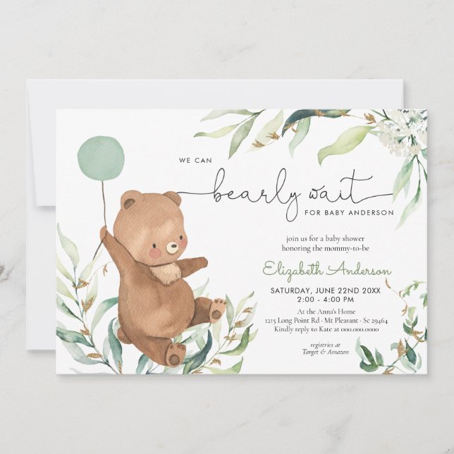 Greenery Bear Balloon Gender Neutral Baby Shower Invitation (Front)