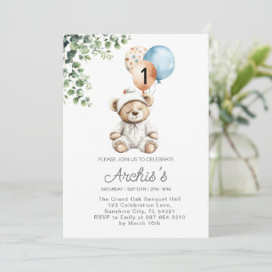 Greenery Bear Birthday Invitation, first Teddy  Invitation