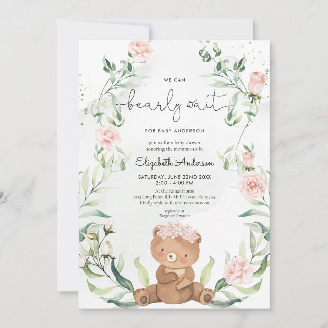 Greenery Bear Blush Pink Floral Girl Baby Shower  Invitation (Front)