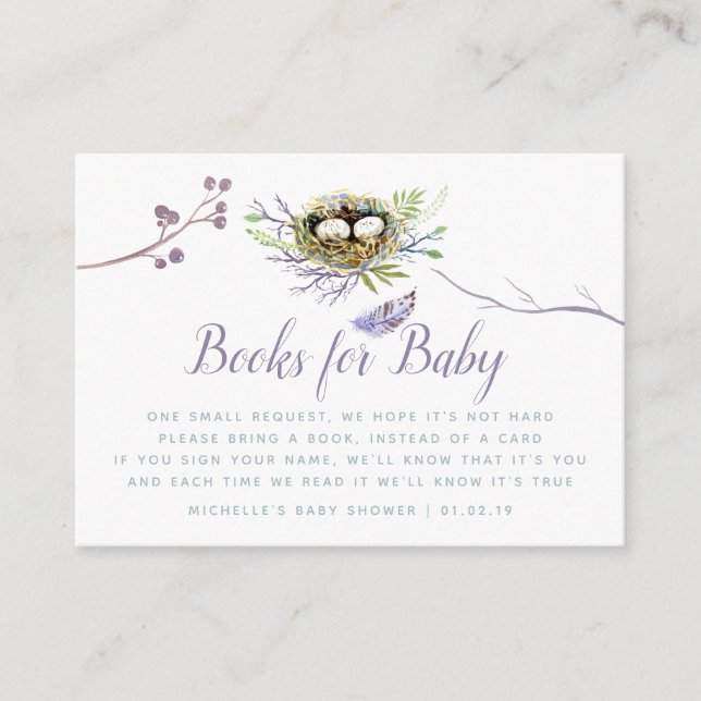 Greenery Birds Nest Twins Baby Shower Book Request Enclosure Card (Front)