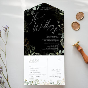 Greenery Black And Gold Wedding Of Seal and Send All In One Invitation