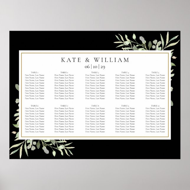Greenery Black and Gold Wedding Seating Chart (Front)